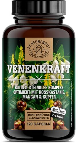 VENENKRAFT® Rutin Steinklee Kapseln Hochdosiert - WICHTIG: Laborgeprüfter Venen-Komplex mit Rutin, Steinklee, Rosskastanienextrakt, Mangan,Kupfer uvm. 120 Stk DE SCHEUNENGUT®