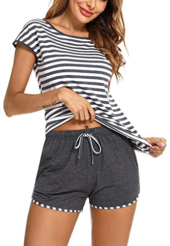 Aseniza Schlafanzug Damen Kurz Baumwolle Pyjama Set Rundhals Zweiteiliger Nachtwäsche Shorty Loungewear Sleepwear für Sommer,F-Grau,M