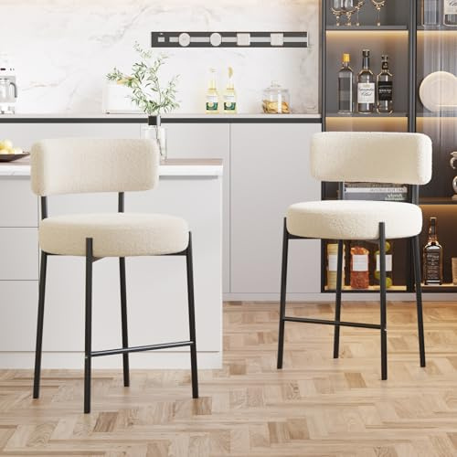 Ckaff Barhocker 2er Set, 63.5cm Sitzhöhe Barstuhl Küchenstuhl, Tresenhocker Bistrohocker mit Rückenlehne und Fußstütze, Gepolsterte Küchenhocker Esszimmerstuhl für Kücheninsel, Bar, Esszimmer, Weiß