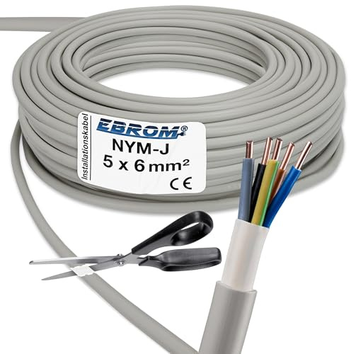 EBROM NYM-J 5x6 mm² Installationskabel Mantelleitung grau - Länge: 6 m | 5m bis 120 m, Installationsleitung Feuchtraumkabel, für die feste Verlegung in trockenen + feuchten Räumen 5x6 mm2 300V/500V