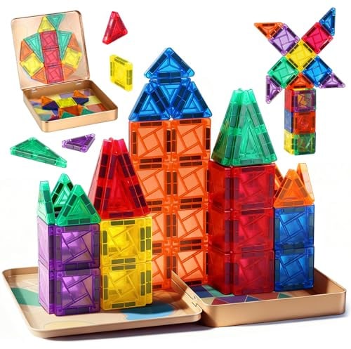 Dreamon 60PCS Mini Magnetische Bausteine Magnetbausteine Kinder Reiseset ab 3 4 5 6 Jahre Junge Mädchen Weihnachten STEM Magnetic Blocks
