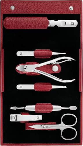ZWILLING Maniküre-Set (7 teilig, Pediküreset, Reise Etui Set, Nagelpflege, Echtleder), Edelstahl Poliert, Rot