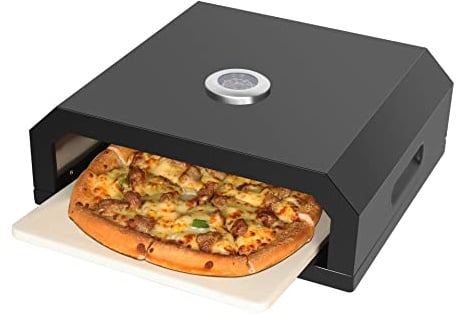 El Fuego Pizzastein AY0375 Pizzaaufsatz für Gas-, Holzkohle- und Elektrogrills, Schwarz, inkl. Thermometer
