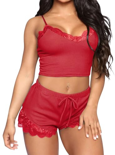 GIVTULIP Damen Sexy Pyjama Set Soft Lingerie Nachtwäsche 2 Stück Cami Tank Top mit Pj Shorts V Ausschnitt Schlafanzug Kurz Elastische Camisoles Shorts Sweetness Loungewear Sleepwear Hausanzug Negligee