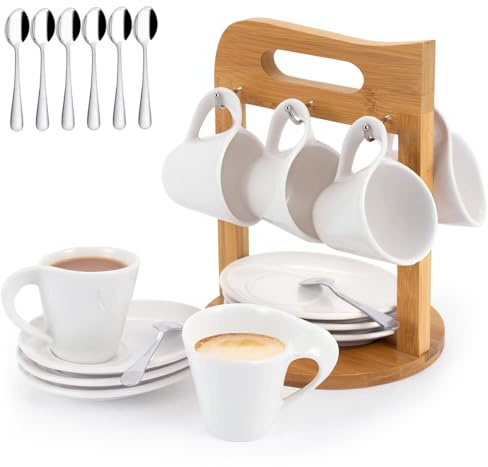 JUJOYBD Espressotassen Set 6 Personen mit Holzständer, 80ml Tassen | Dickwandige Tassen & Untertassen auf Ständer für platzsparende Aufbewahrung, Zuhause Büro Café, Geschenk für Kaffeeliebhaber