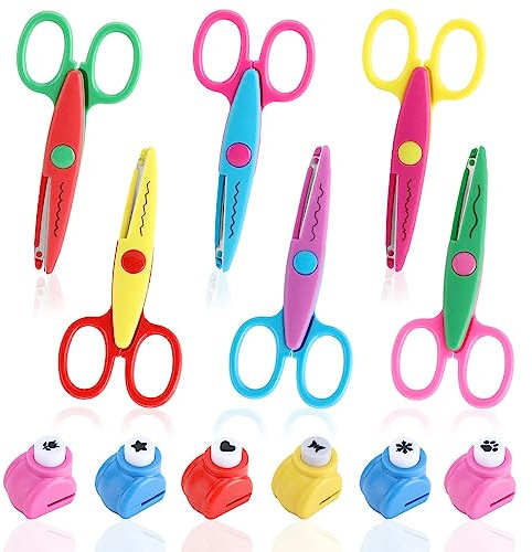 Bastelschere Kinder, 6er Set Kinderschere mit 6 Stück Papierstanzer, 6 Verschiedene Schnittform, Papierschere Set für Kinder Kindergarten Anfängerschere DIY Handwerk