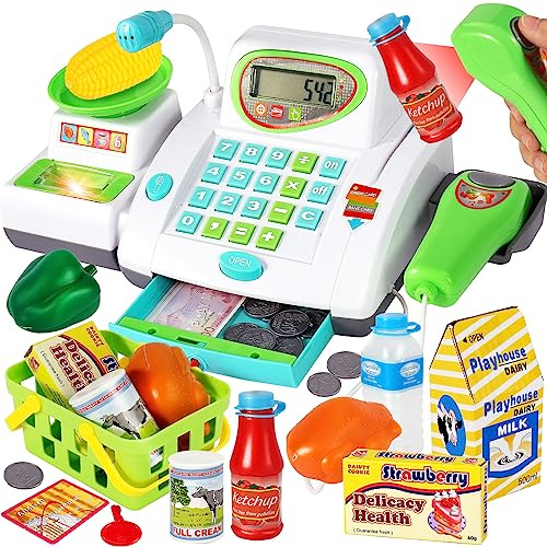 HERSITY Kaufladen Kasse Spielzeug, Registrierkasse Kinder mit Scanner Ton | Große Spielkasse Supermarktkasse mit Mikrofon, Rollenspiel Geschenk Jungen Mädchen 3 4 5 Jahren