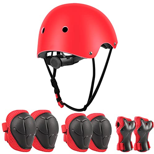 Jim's Store Schonerset Kinder Helm 7 in 1, Skatehelm Protektoren Kinder Knieschoner inliner Schutzausrüstung Set Für Skateboard Roller Fahren Scooter-ROT