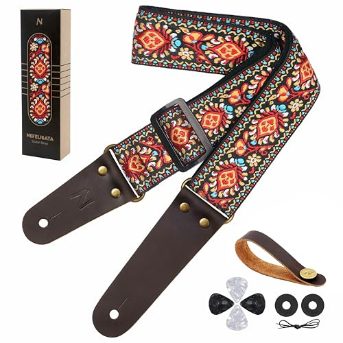 Nefelibata Gitarrengurt, Vintage bestickte Baumwollgitarrengurte mit Echtlederenden für Bass-, Elektro- und Akustikgitarren, mit kostenlosem Gurtknopf, 2 Gurtschlössern und 4 Gitarrenplektren