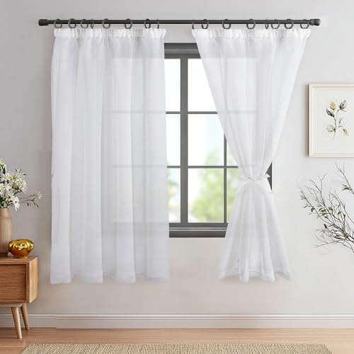 DWCN Voile Vorhänge mit Kräuselband Transparente Weiß Kurz H160 x B140 cm | 2er Set, Modern Gardinen mit Raffhalter Schienensystem, Leinenoptik, Lichtfilterung, für Schlafzimmer, Kinderzimmer, Küche