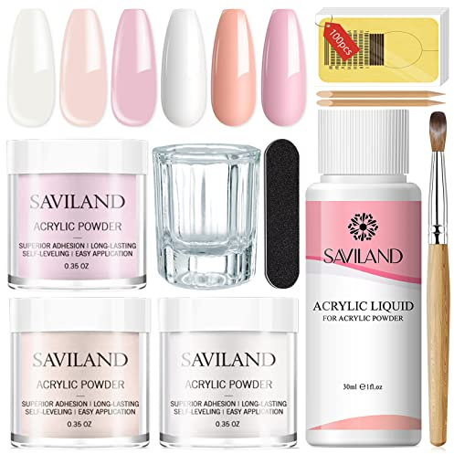 SAVILAND Acryl Nagelset Starterset: 3 Farben Acrylpulver Klar Rosa Nudes 30ml AcrylLiquid Set - mit Acrylpinsel Nail Tools - Acryl Nägel Starterset für Anfänger Nägel Selber Machen DIY Acrylnägel