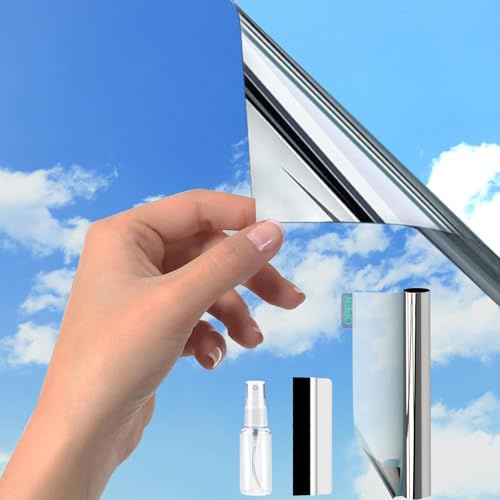 Silber(90X300cm) Spiegelfolie Fenster Hitzeschutz |UV Folie Selbstklebend |Fensterfolie Sonnenschutz Hitzeschutz innen oder außen|Rückstandslose Thermofolie Hitzeschutzfolie Fenster|Sonnenschutzfolie