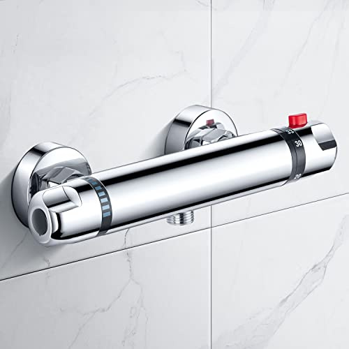 Hausharbor Duscharmatur Thermostat-Brausebatterie Messing Chrom | Duschthermostat Mischbatterie für Dusche Bad Chrom, Duschmischbatterie Thermostat mit 38°C Sicherheitstaste, Brausethermostat