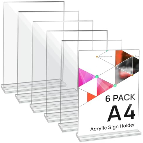 JEFURE Acryl Tischaufsteller A4, 6 Stück, T-Ständer | Doppelseitiger Preisschilder Flyer Aufsteller, Menükartenhalter für Hochzeit, Restaurant, Büro, Cafe