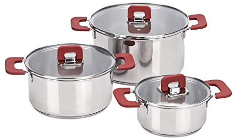 Amazon Basics 3 Stück Kochtopf-Set - Edelstahl, anti-haftend, induktionsgeeignet, mit Deckeln - 16/20/24 cm