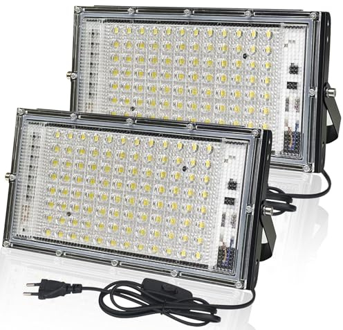 BOSITE LED Strahler Außen 100W, 2 Stück LED Außen Fluter mit Stecker und Schalter,6500K Kaltweiß,10000LM Led Scheinwerfer,IP65 Wasserdicht Aussenstrahler fur Hof Türen Rasen Garage Stadion Spielplatz