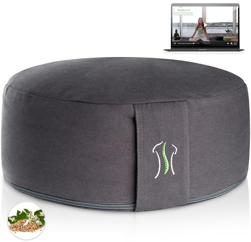 BACKLAXX® Meditationskissen rund 35 cm XL – Yoga Kissen mit Buchweizenfüllung für Meditation & Entspannung – Sitzkissen aus Baumwolle für Zuhause & Studio – Yogakissen rund (Anthrazitgrau)