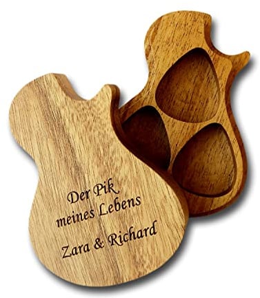 elbedruck Personalisiertes Case aus Holz in Form Einer Gitarre für Plektren mit Wunschgravur Dein Name Text Plektrenhalter Aufbewahrung Box Plektrum (Case ohne Plektren)