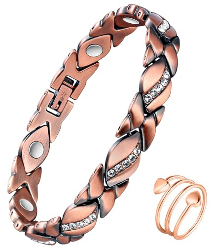 Jeracol Kupfer-Armband und Kupferring einstellbar Magnetarmband mit Kraftmagnete(Kristall)