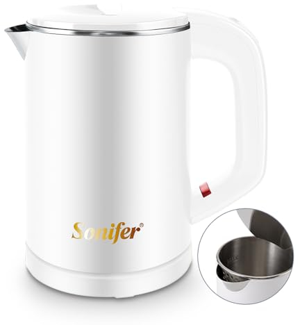Sonifer 0,6l Edelstahl Camping Reisewasserkocher Kabellos Wasserkocher Doppelwand-Design Teekessel Teekocher 800W Leise Heizung Energiesparend