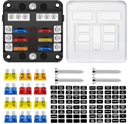 Geloo KFZ Sicherungshalter, 6 Fach Sicherungskasten 12 V ATO Sicherungsblock mit LED-Anzeige und Schutzabdeckung für Auto, Boot, Marine, LKW, SUV, Wohnmobil, Camper