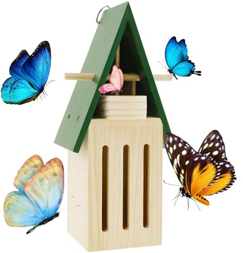 VAVPUP Schmetterlingshaus und Futterstation,Schmetterlingshaus aus Naturholz mit Futterstation,Sicherer Schmetterlingshabitat mit Haken zum Aufhängen an Wand oder Baum als Gartendekoration im Freien