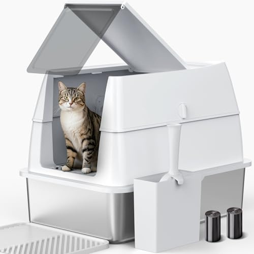 FURTIME Katzenklo Edelstahl mit Deckel, XXL Große Katzentoilette Edelstahl Reinigen und Geruchsresistent, Geschlossene Katzenklo mit Mülleimer und Schaufel, Geeignet für große Katzen/mehrere Katzen