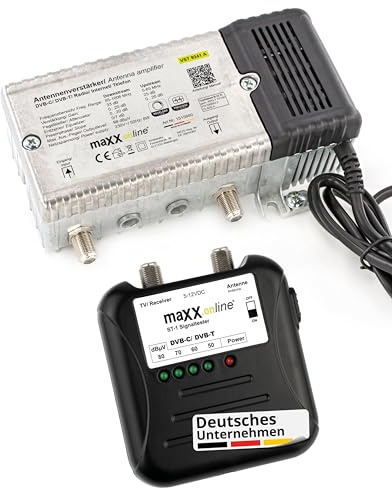 maxx.onLine Antennenverstärker für Kabelfernsehen 33 dB Verstärkung inkl. Signaltester Kabelfernsehen Messgerät DVB-C/DVB-T, Hausanschlussverstärker DVB-C, Hausverstärker, Kabel Verstärker