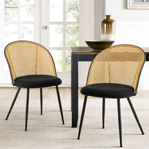 Bekrvio Esszimmerstühle 2er Set mit Rattan Rückenlehne, Faux Leather, Farmhouse Design, Metallbeine – Polsterstuhl für Esszimmer und Esstisch (Schwarz, 2er Set)