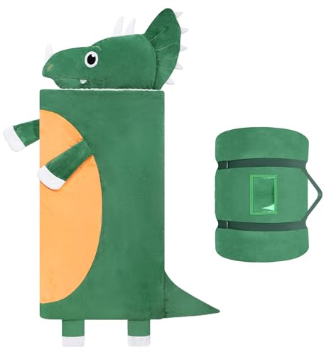 Schlafsack Kinder mit Kissen Abnehmbar,Warm Flausch Dinosaurier Kinderschlafsack Doppelter Reißverschluss für Mädchen Jungen,Faltbare Groß Deckenschlafsack für Indoor Outdoor Camping,170x70cm,Grüner