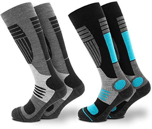 Occulto 2 Paar DAMEN SKISOCKEN mit POLSTERUNG in verschiedenen Farben, THERMO WINTERSOCKEN für SKI und SNOWBOARD 1 Paar Türkis | 1 Paar Weiß 35-38