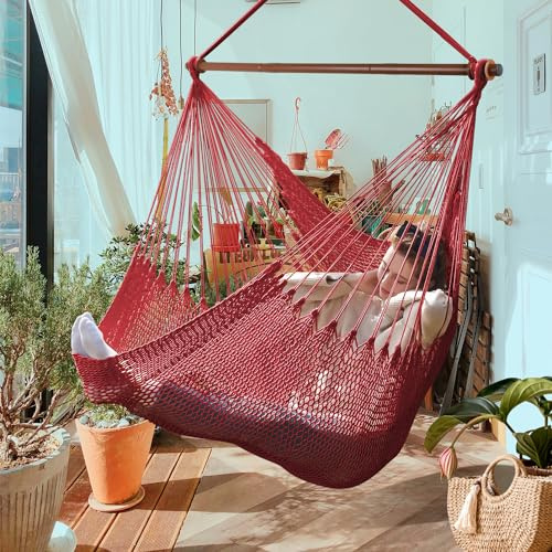 Bathonly Großer Hängesessel mit Metall-Spreizstange, bis 150 kg belastbar, Karibik Hängeschaukel, XL Handgewebt Hängestuhl für Indoor und Outdoor, Wohnzimmer, Terrasse, Garten, Balkon (Rot)