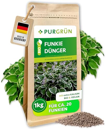 Purgrün® Funkie-Dünger 1 kg – Organische Rezeptur – Feinkörniges Krümelgranulat – NPK 6+2+7 – Extra Magnesium für zarte Blüten – Verbessert die Bodenqualität – Vegan - Für ca. 20 Funkien