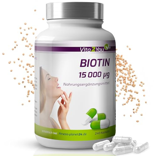Vita2You Biotin 15.000 mcg (Vitamin B7) 240 Kapseln - Hochdosiert mit 15mg - Für Haut und Haare - Premium Qualität - Made in Germany
