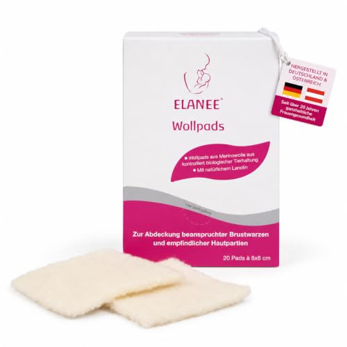 Elanee Wollpads, mit natürlichem Lanolin, 8x8 cm-Fettwolle, 20 Stück | Wollpads zur Abdeckung beanspruchter Brustwarzen während der Stillzeit | Made in Germany