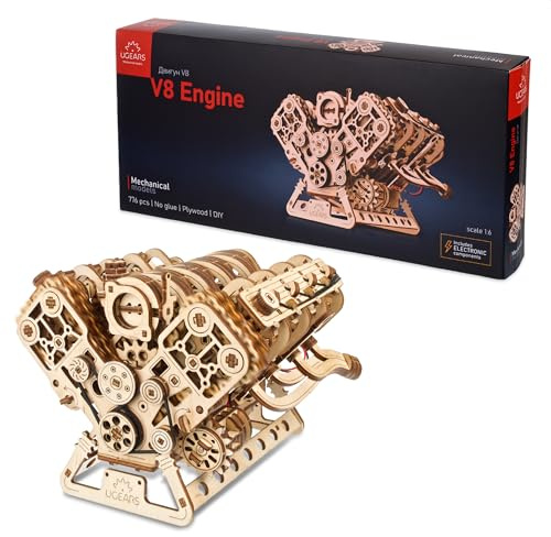 UGEARS V8 Motor Modellbausatz - Fortgeschrittenes 3D Holzpuzzle für Erwachsene - DIY-Kits als Geschenk für Ingenieure - 3D Puzzle Motorbausatz für Vatertag, Geburtstage, Weihnachten - 776 Teile