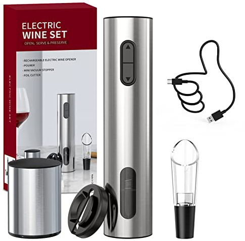 CIRCLE JOY 4-in-1 Elektrischer Korkenzieher, Wiederaufladbarer Edelstahl Weinflaschenöffner Set mit Folienschneider, Weinausgießer und Vakuumstopfen für Weinliebhaber