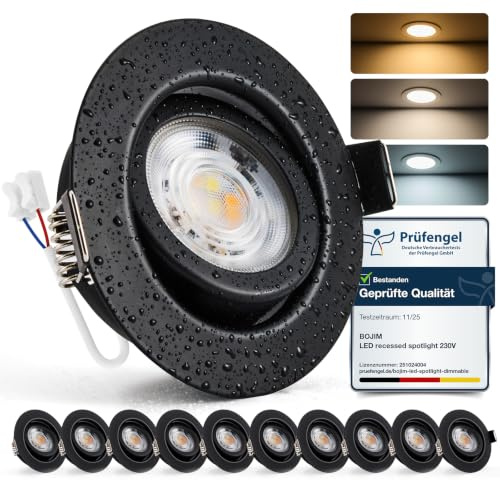 BOJIM LED Spots 230V Dimmbar für Bad IP44, Einbaustrahler LED Schwarz | 68mm - 80mm Lochmaß, Deckenspots 7W, Warmweiß Kaltweiß Neutralweiß, Flach für Küche Wohnzimmer, 10er Set
