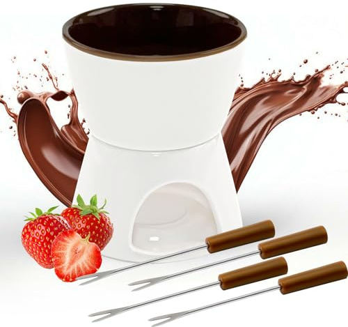 wokdsbl Schokoladenfondue Set, 300ml Keramik Fondue Topf mit 4 Edelstahl Gabeln, Ideal für Schoko- und Käsefondue, Kompakt & Tragbar, Perfekt für Hauspartys, Gesellige Abende und Familienfeiern