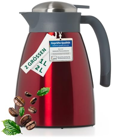 Blumtal Thermoskanne 1l - BPA-freie Teekanne mit Quick Tip Verschluss - auslaufsichere Kaffeekanne thermo für langanhaltende Isolation - Thermoskanne Tee - Kaffeekannen/Tee Thermoskanne Edelstahl Rot