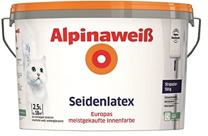 Alpinaweiß Seidenlatex in weißer Seidenglanz-Optik – strapazierfähige und atmungsaktive Wandfarbe – ergiebig, gut deckend & reinigungsfähig – 2,5 Liter