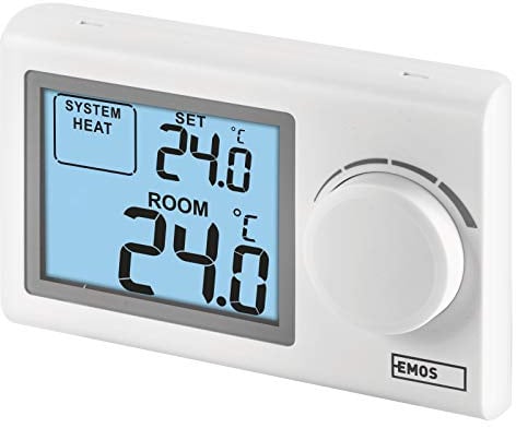EMOS - digitaler Raumthermostat mit LCD-Display - manuell, drahtgebunden - Heiz- und Kühlsysteme - Temperaturregelung 5-35 °C - Aufputzmontage - einfache Bedienung - Batterie inkl. - weiß