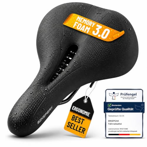 BikePeak Fahrradsattel Damen & Herren - Bequem, Ergonomisch und Schmerzfrei - Atmungsaktiver Memory-Schaum Gel - Schwarz, Wasserabweisend - für City, Trekking oder MTB Fahrrad (Trekking)
