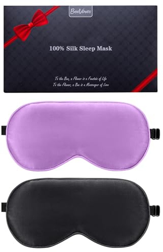 Seiden-Schlafmaske, 2er-Pack Augenmaske aus 100% echter natürlicher reiner Seide mit verstellbarem Riemen, Augenmaske zum Schlafen, BeeVines Augen-Schlafschutz für Yoga-Reisen, blockiert Licht