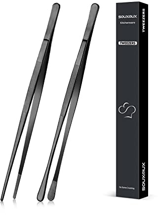 2 Stück 25.5cm-Kochpinzette Zangen Präzision Gezackte Spitzen, Edelstahl Professionelle Kochpinzette Küchenwerkzeuge zum Grillen, Beschichten und Servieren (Schwarz)