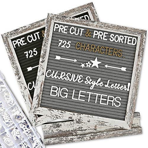 Doppelseitiges Filz-Buchstabenbrett mit rustikalem Holzrahmen, 25.4 x 25.4 cm, vorgeschnitten und sortiert, 725 Buchstaben mit Ständer, Cursiv-Buchstaben, Brief-Organizer, Tisch-Display