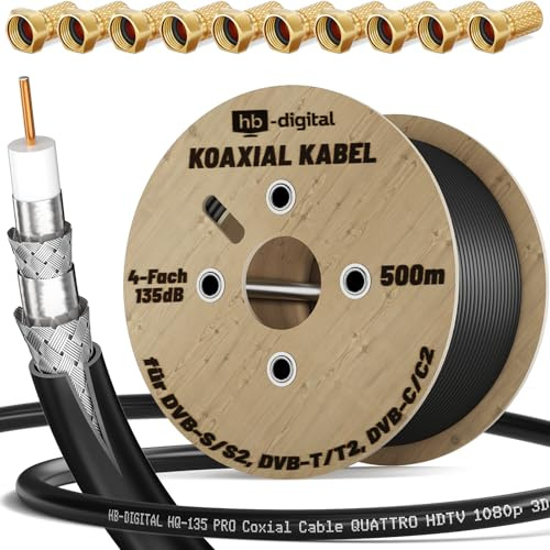 HB-DIGITAL 500m SAT Koaxial Kabel 135dB 8K 4K UHD 4-Fach geschirmt für DVB-S / S2 DVB-C / C2 DVB-T / T2 DAB+ Radio + inkl. 10x vergoldete F-Stecker BK Anlagen - Stahl/Kupfer Innenleiter - Schwarz