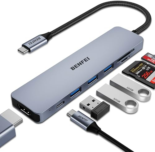 BENFEI USB C HUB 7in1,USB-C HUB Multiport Adapter mit HDMI(4K@60Hz Zertifiziert)/100W Power Delivery/3*USB 3.0 5Gbps/SD/TF Card Reader(160MB/s) für iPhone 15 Pro/Max MacBook iPad Pro iMac S23 XPS17