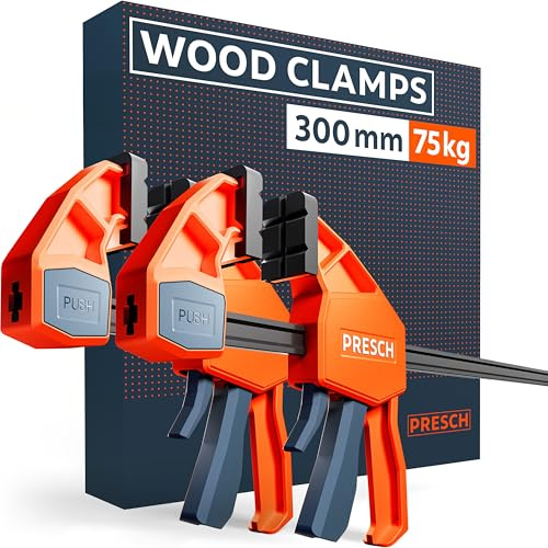 PRESCH Einhandzwingen 300mm 2 Stk. – Zwingen Set mit 75kg Spannkraft für sofortiges Fixieren – Robuste Schnellspannzwingen dank Carbonstahl & glasfaserverstärktem Gehäuse – Zwingen mit Spreizfunktion