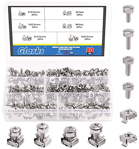 Glarks 80Sets/160Pcs M5 M6 Cage Nuts and Screws Set, Square Hole Hardware Cage Nuts & Mounting Screws Washers for Server Rack and Cabinet (M5 x 16mm, M5 x 20mm, M6 x 16mm, M6 x 20mm)